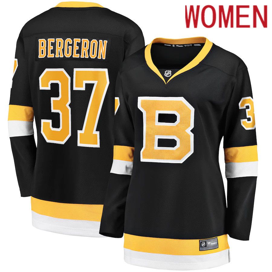 Women Boston Bruins 37 Patrice Bergeron Fanatics Branded Black Alternate Premier Breakaway Player NHL Jersey